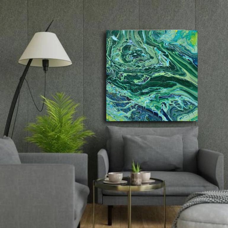 Emerald Green Sage Green and Mint Marble Acrylic Paint Pour with