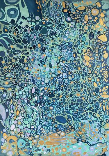 Large abstract sage green mint green dark blue and gold oil thumb