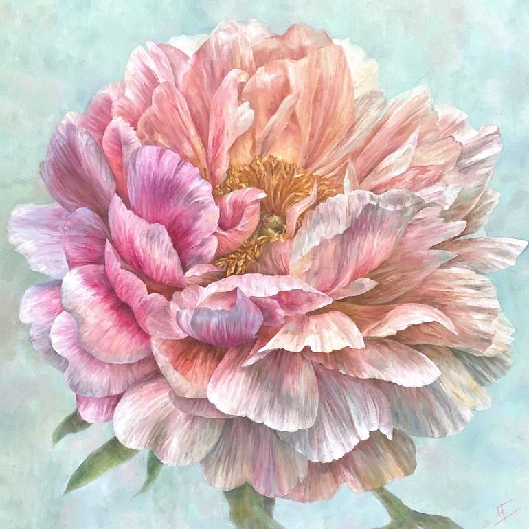 «Peony Coral Sunset» botanical oil painting Painting by Anastasiia ...