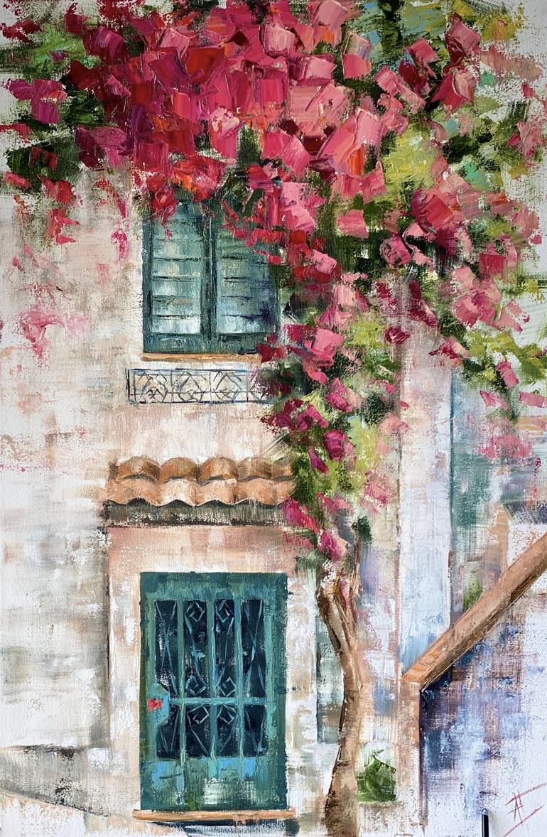 “Mediterranean landscape” Greek houses oil painting bougainvillea city ...