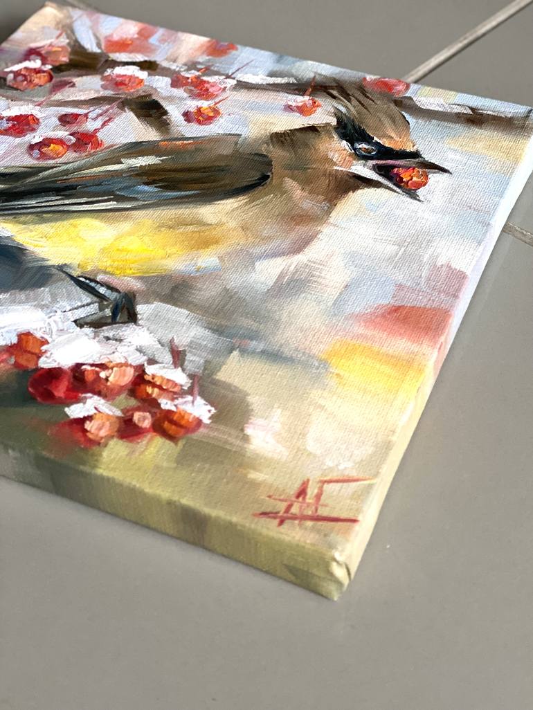 Original Acrylic Painting, Waxwing ,winter Bird, Modern Airbrush