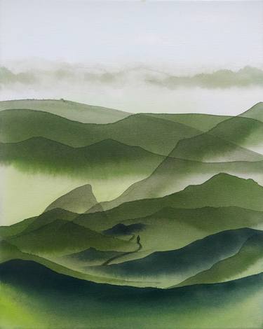 Abstract philosophical painting with green hills and a lonely man walking on the canvas "Time flows". image