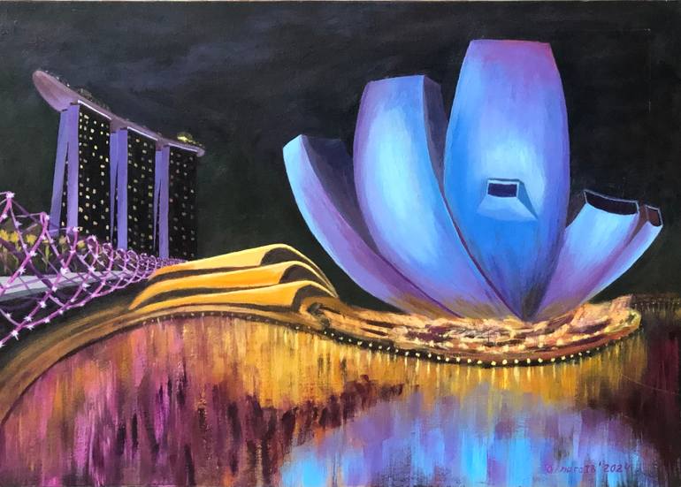 Original Cities Painting by Dinara Iskakova-bekenova | Abstract Art on Canvas | Beauty of the night. Singapore Art Science Museum