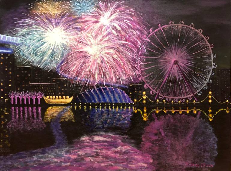 Original Water Painting by Dinara Iskakova-bekenova | Abstract Art on Canvas | Beauty of the night. Waterfront