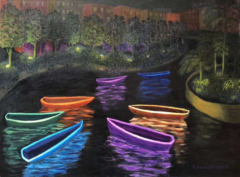 Original Boat Painting by Dinara Iskakova-bekenova | Abstract Art on Canvas | Beauty of the night. Kayaks