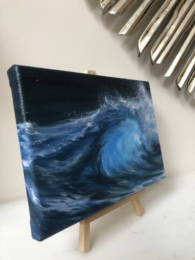 Ocean wave mini canvas painting 4×4 inches with mini easel