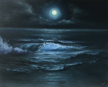 Original Oil Painting Seascape Waves Sea Night Moonlight Art size 5 x 7 inches