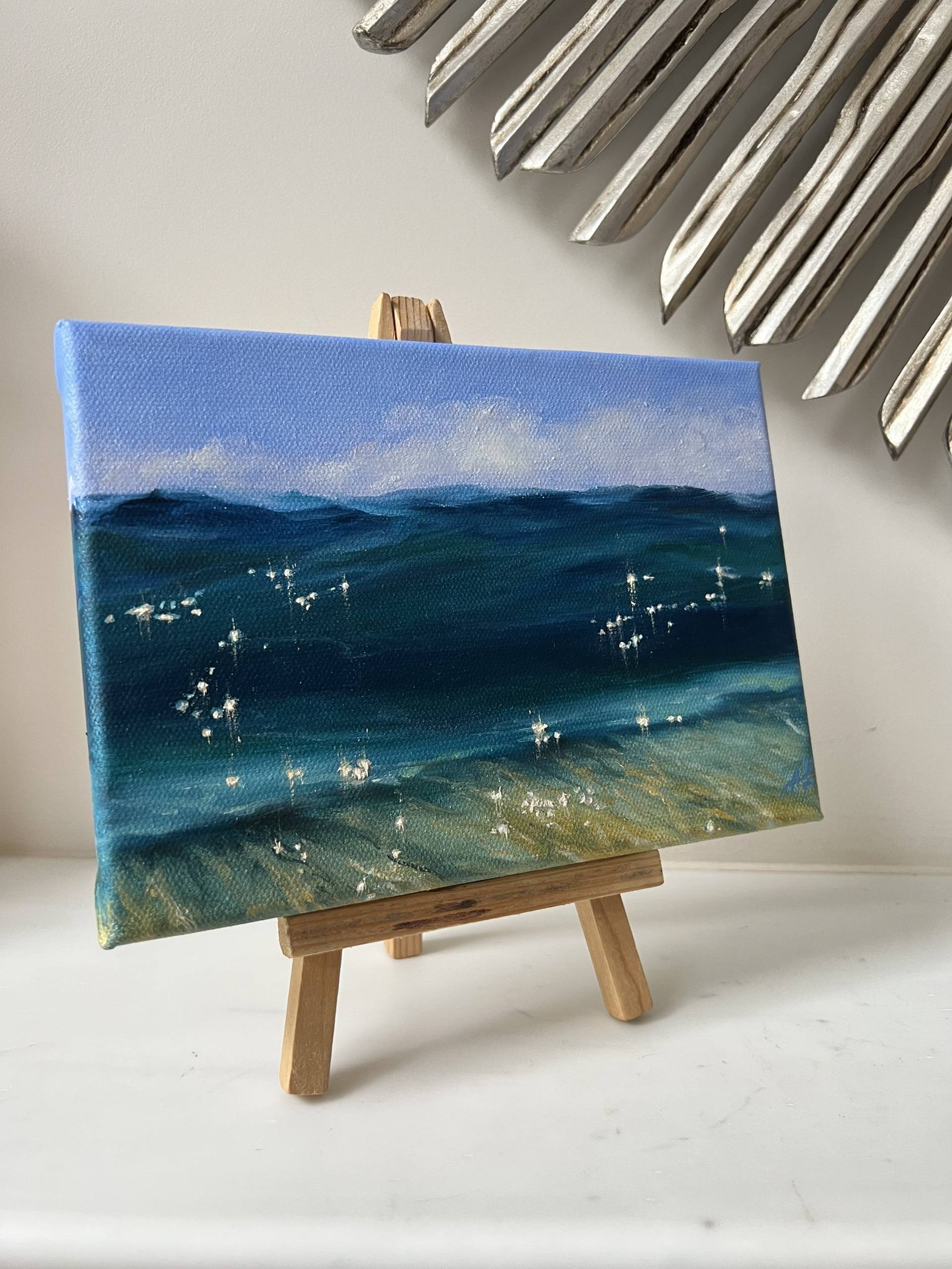 Ocean Wave Oil Painting | Small Artwork | Coastal Marine Vibes | Original  Fine Art | 4X4 inch Mini Canvas | Free Mini Easel | Seascape Art