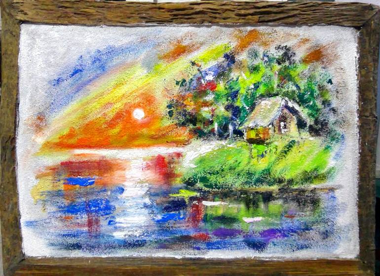 Original Landscape Mixed Media by Chandrani Sudumenike | Abstract Art on Canvas | Sunset by the Village Lake