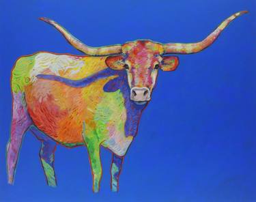 Colorful Longhorn 1:  A Large Southwestern Longhorn - Cow - Bull - Steer Original Acrylic on Canvas thumb
