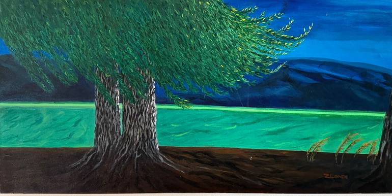 Original Nature Painting by Zsuzsa Londe | Abstract Art on Canvas | Wind at the lake