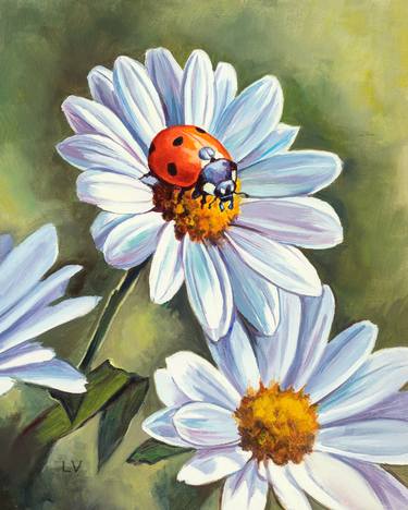 Ladybug on white daisy flowers thumb