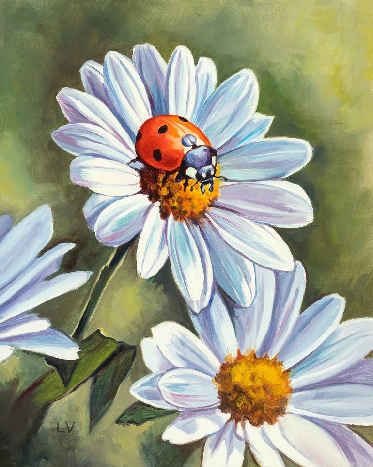 Ladybug on white daisy flowers Painting by Lucia Verdejo