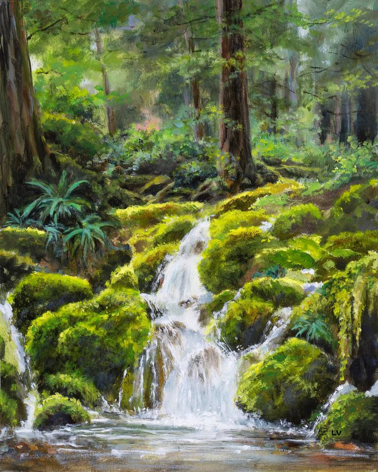 River waterfall in enchanted forest Painting by Lucia Verdejo