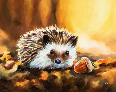 Hedgehog with acorn in fall woods thumb