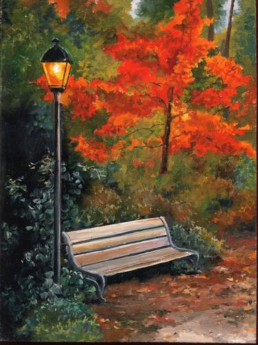 Bench and streetlight in the park thumb