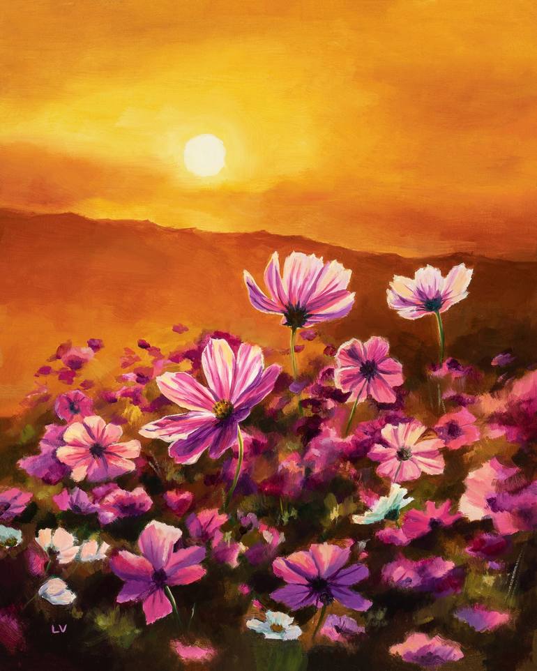 Acrylic Painting Landscape: A Field of Daisies at Sunset Art