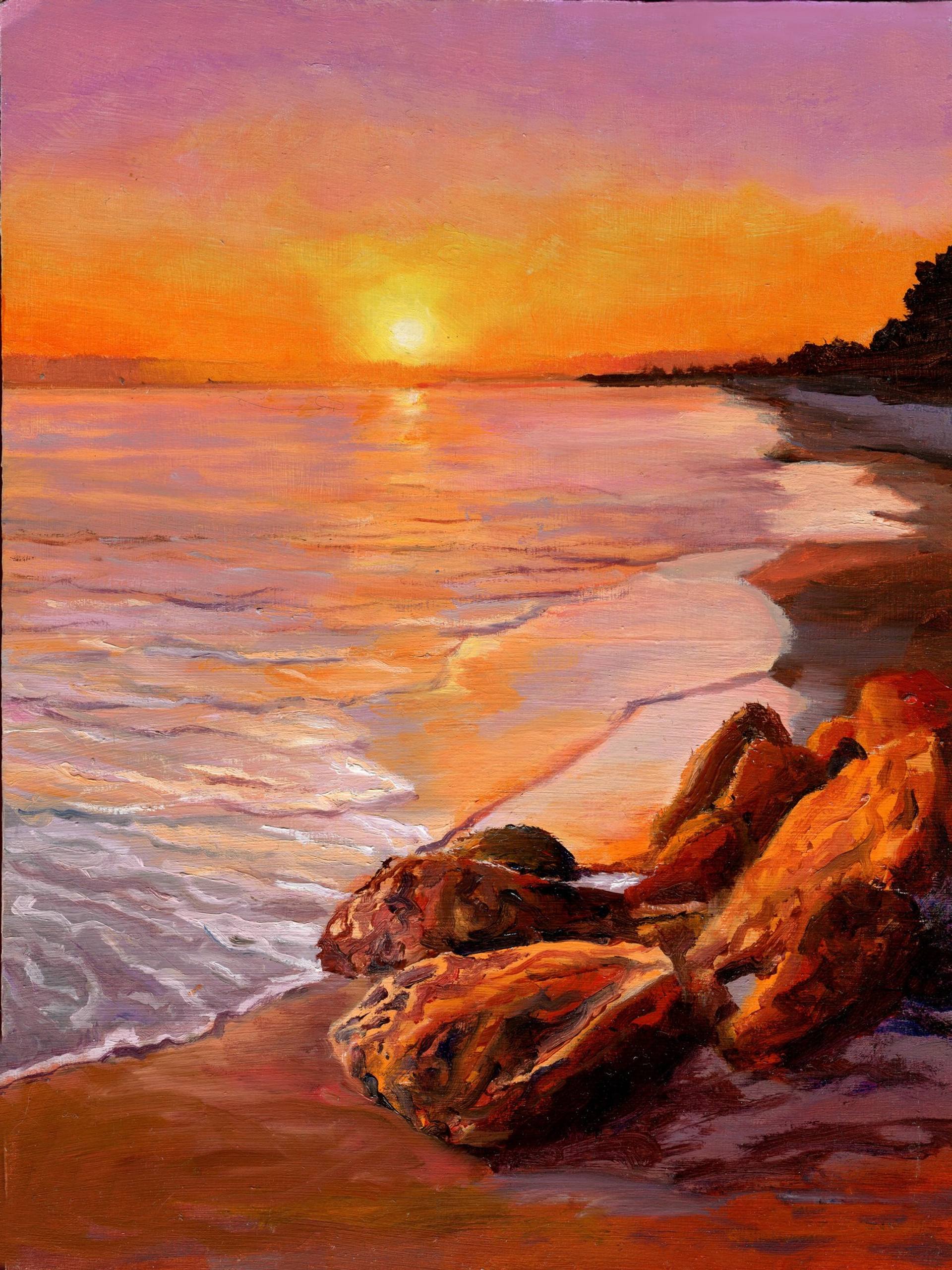 Sunset beach seascape with rocks Painting by Lucia Verdejo