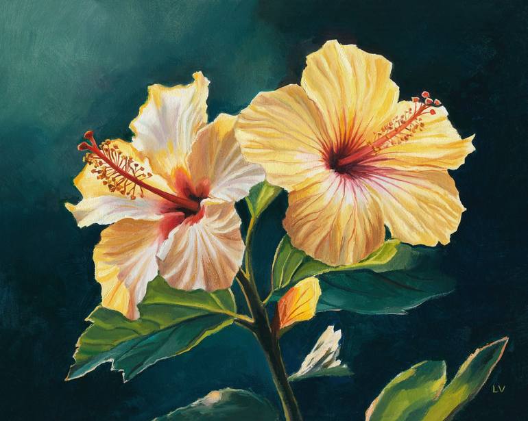 Two yellow hibiscus flowers Painting by Lucia Verdejo | Saatchi