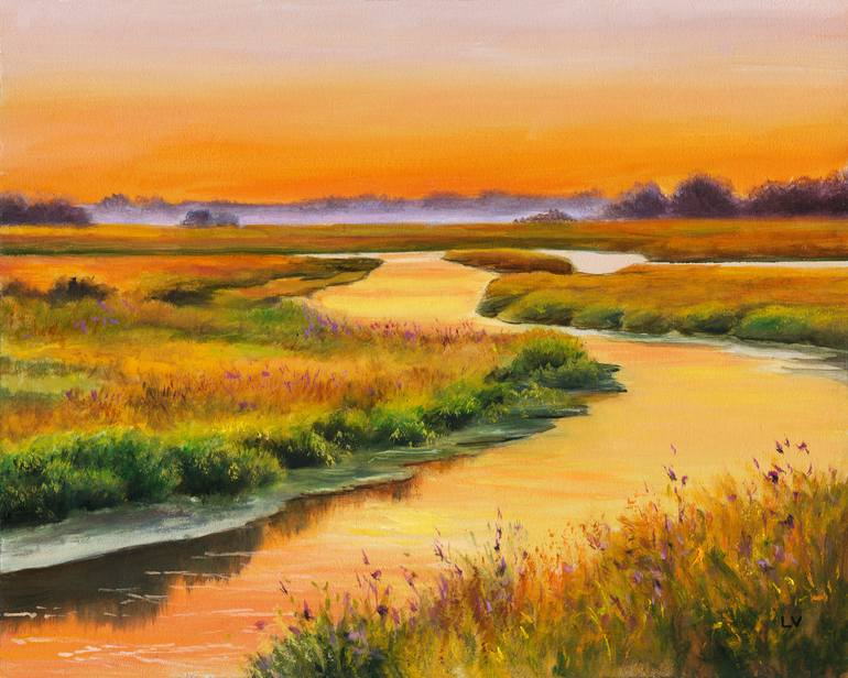 Pink cosmos field at warm sunset Painting by Lucia Verdejo