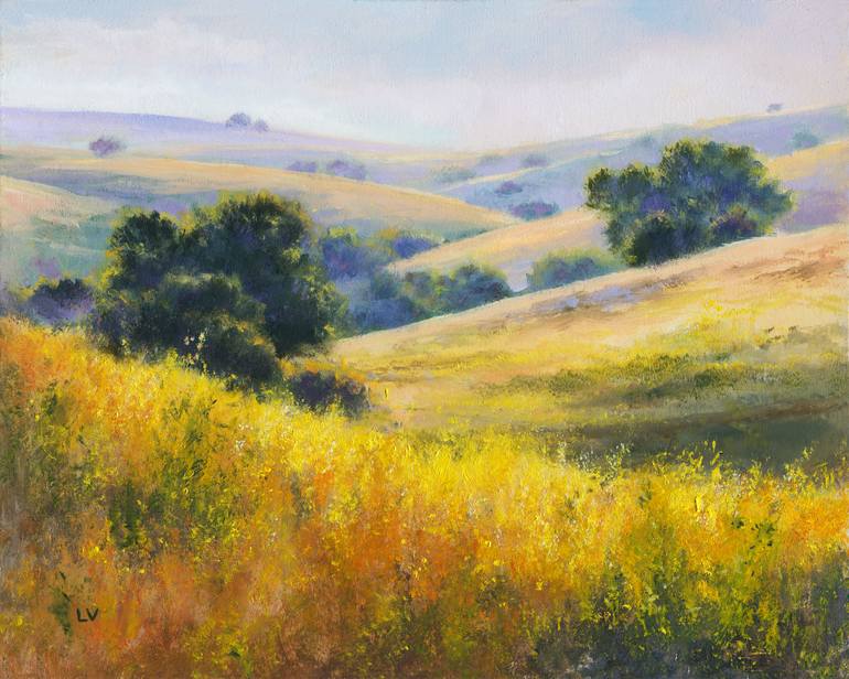 Misty mountains whith pine trees Painting by Lucia Verdejo