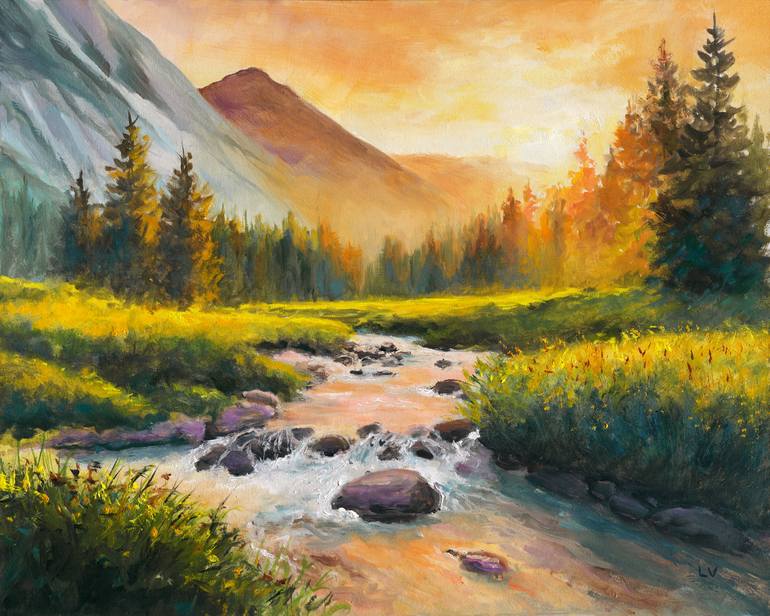 Misty mountains whith pine trees Painting by Lucia Verdejo