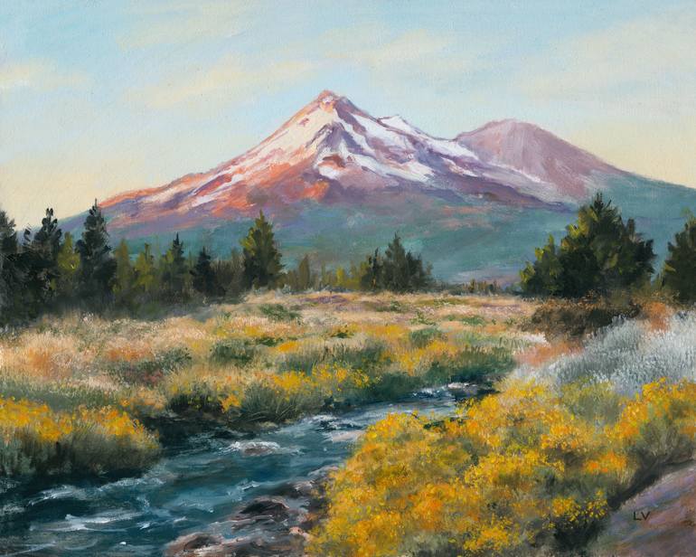 Misty mountains whith pine trees Painting by Lucia Verdejo