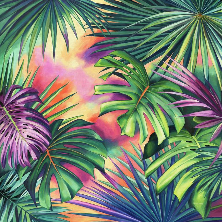 Colorful tropical foliage painting Party in the tropics