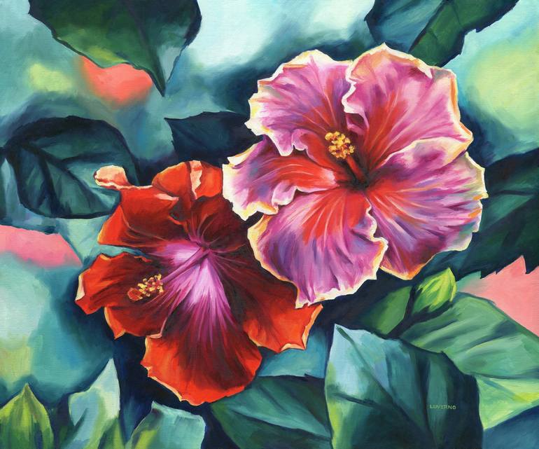 Red hibiscus oil painting flowers, 'Emerging passion' Painting by Lucia ...