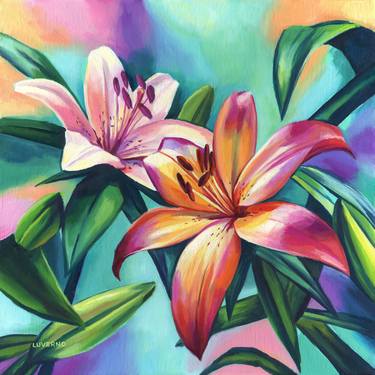 Tropical lilies painting Colorful floral art 'Smell of happiness' thumb