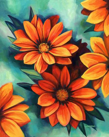 Saatchi Art Artist Lucía Verdejo; Paintings, “Abstract daisy painting Yellow orange floral 'Sunny petals'” #art
