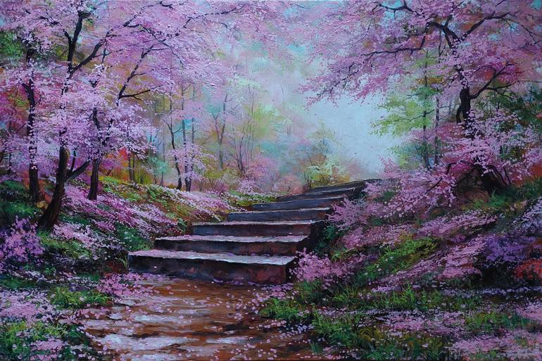 Stairs To Spring. Blossoming Park With Cherry Trees. Painting By Vadim 