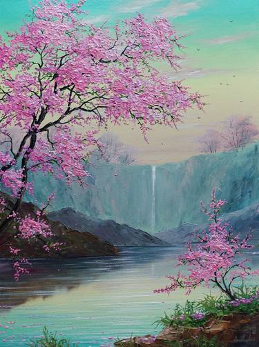 Blossoming spring sakura waterfall art thumb