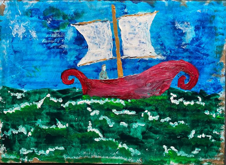 Original Boat Painting by Roger Deason | Modernism Art on Corrugated Cardboard | Man On A Boat On the Water On Cardboard