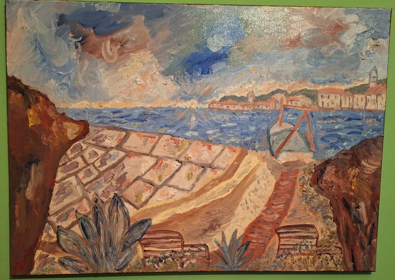 Original Architecture Painting by Dario Marinovic | Impressionism Art on Canvas | Town and sea