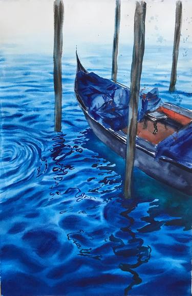 Gondola original watercolor painting blue sea boat gift thumb
