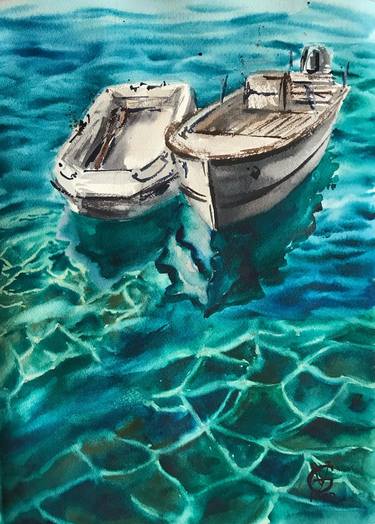 Riomaggiore original watercolor painting boat sea water emerald thumb