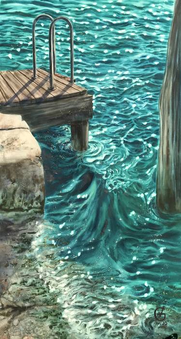 Swim! original watercolor painting water sea sun thumb
