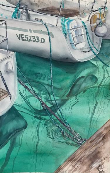Yachts in San Giorgio Maggiore original watercolor painting emerald water yacht sea sailing thumb