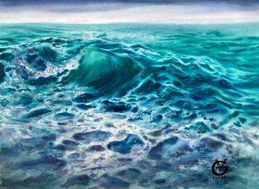 "Wave" original watercolor painting gift sea water storm thumb