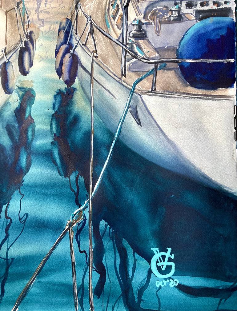 Original Impressionism Yacht Painting by Valeria Golovenkina