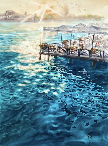 "Cafe Alle Zattere" original watercolor painting sea cafe sun gift thumb