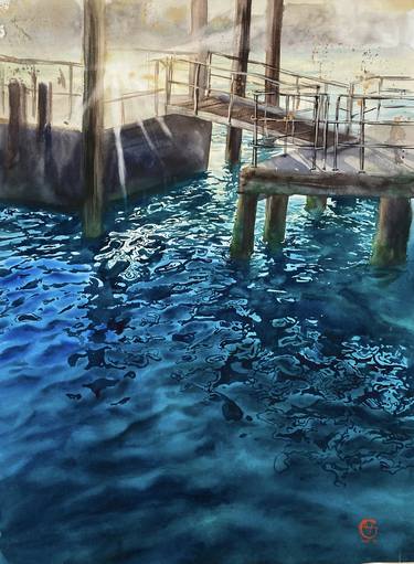 "See you!" original watercolor painting seascape sea water pier sun venice thumb