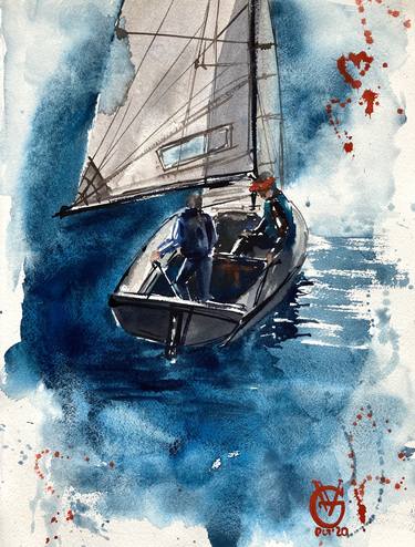 "Sailing Studying 2" original watercolor painting water sea yacht sailing thumb