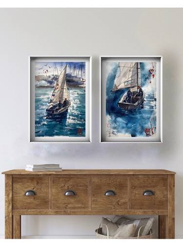 "Sailing Studying" set of 2 paintings sea water sailing yachting thumb