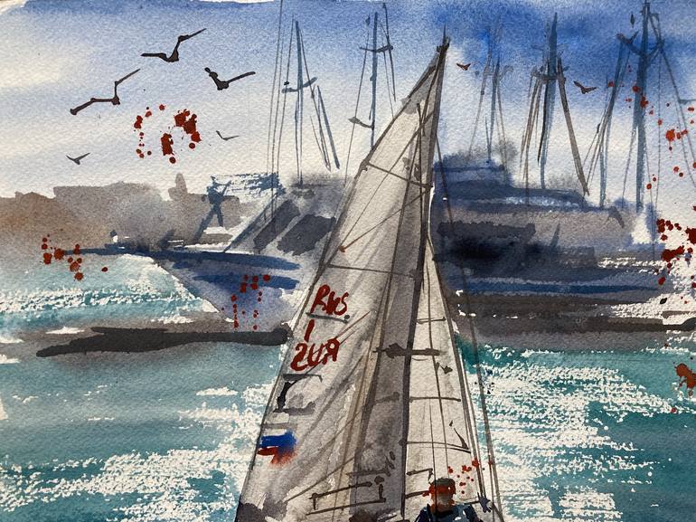 Original Realism Yacht Painting by Valeria Golovenkina