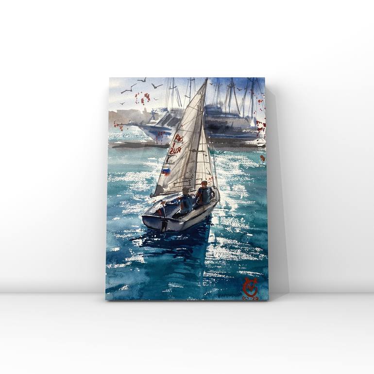 Original Realism Yacht Painting by Valeria Golovenkina