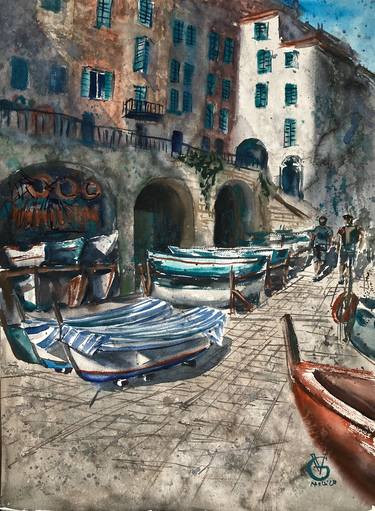 "Boats in Manarola" original watercolor painting travel italy street village boats fishing thumb