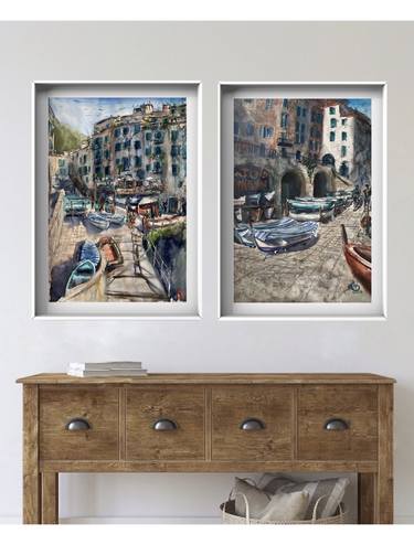 "Boats in Manarola" set of 2 paintings thumb