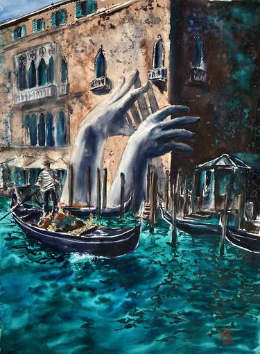 "Venice. Support" original watercolor painting venice water sea gondola hands modern art italy thumb
